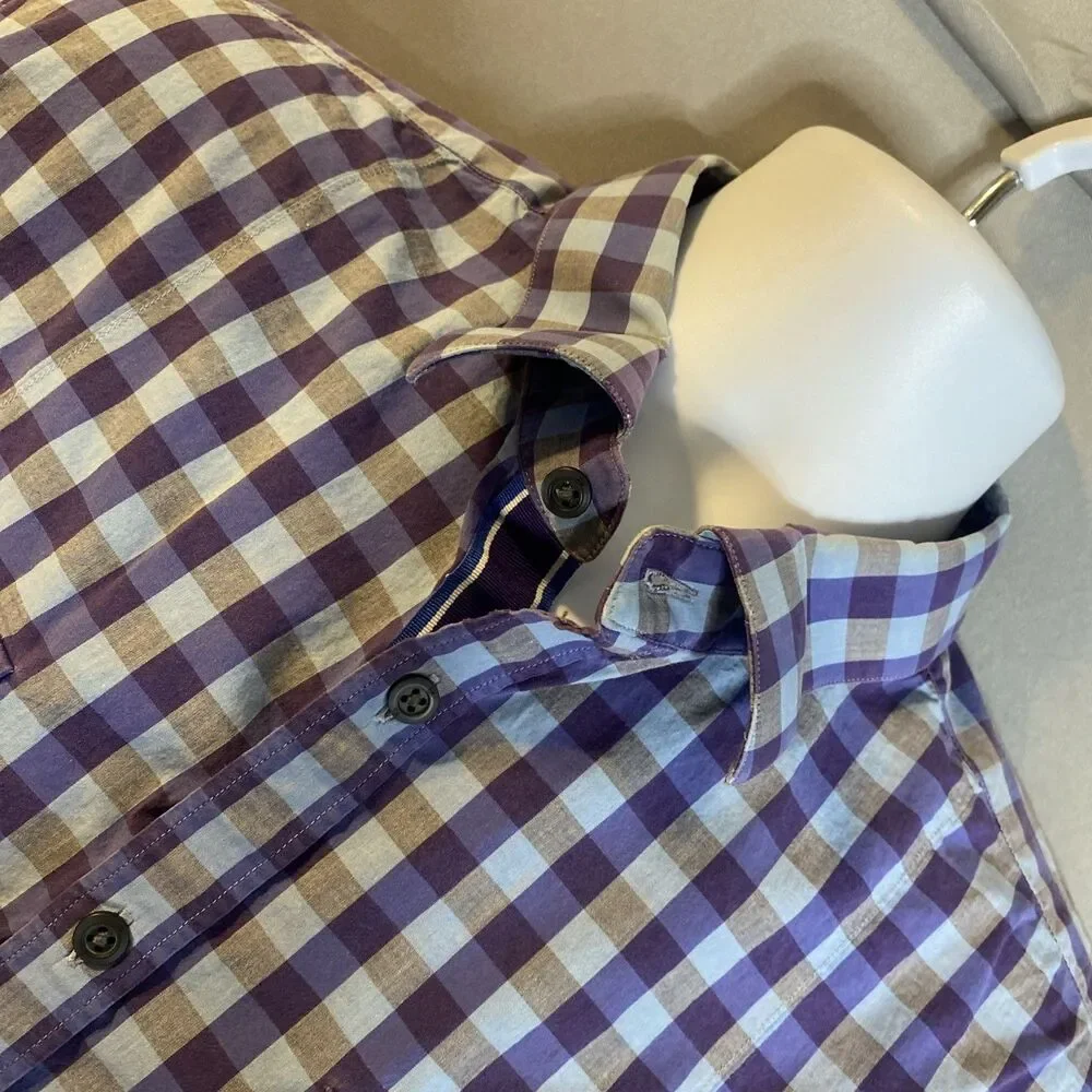 Banana Republic Plaid Shirt Short Sleeve Button Up Purple Plaid Mens XL Casual
